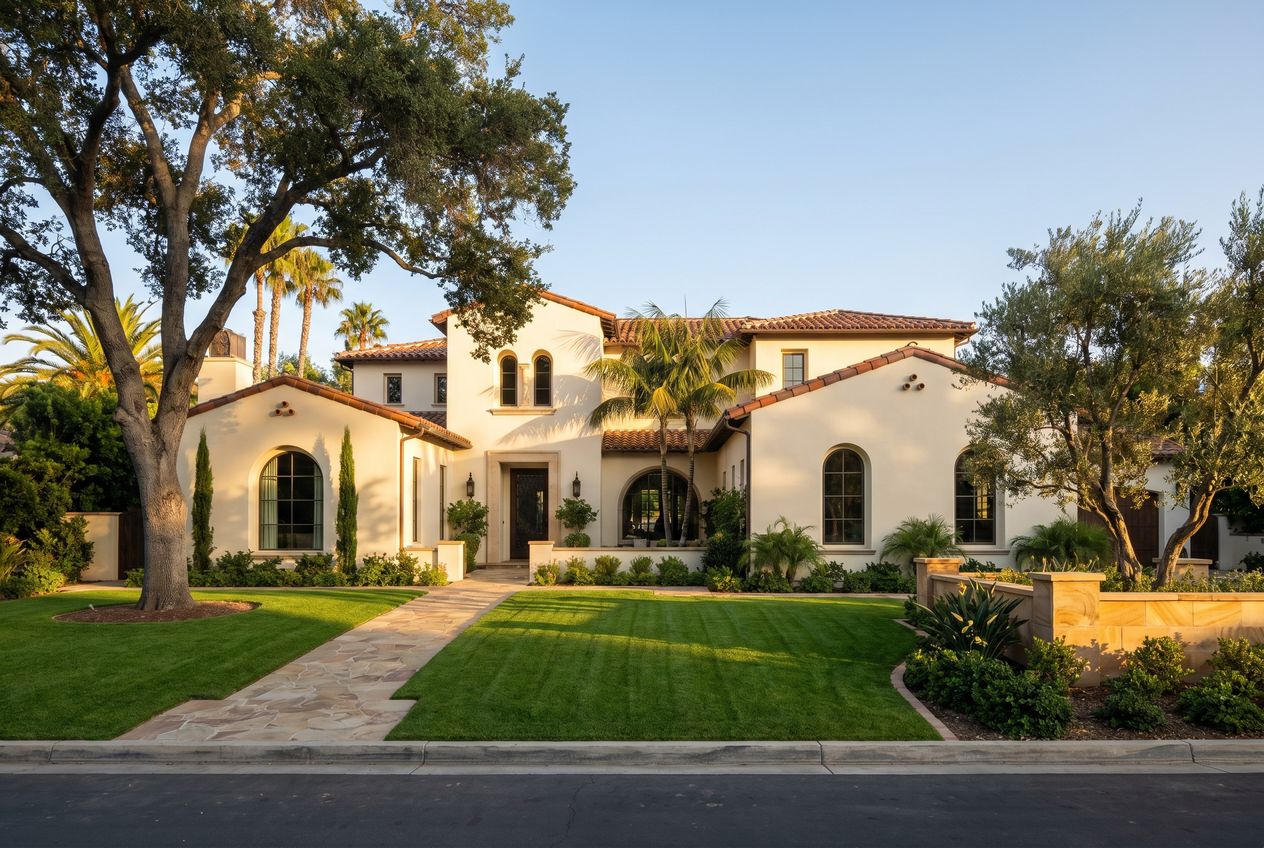 An elegant Southern California home framed by mature trees